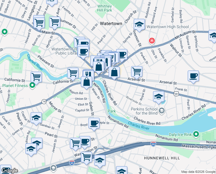 map of restaurants, bars, coffee shops, grocery stores, and more near 8 Riverside Street in Watertown