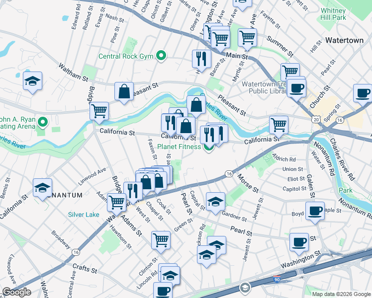 map of restaurants, bars, coffee shops, grocery stores, and more near 194 California Street in Newton