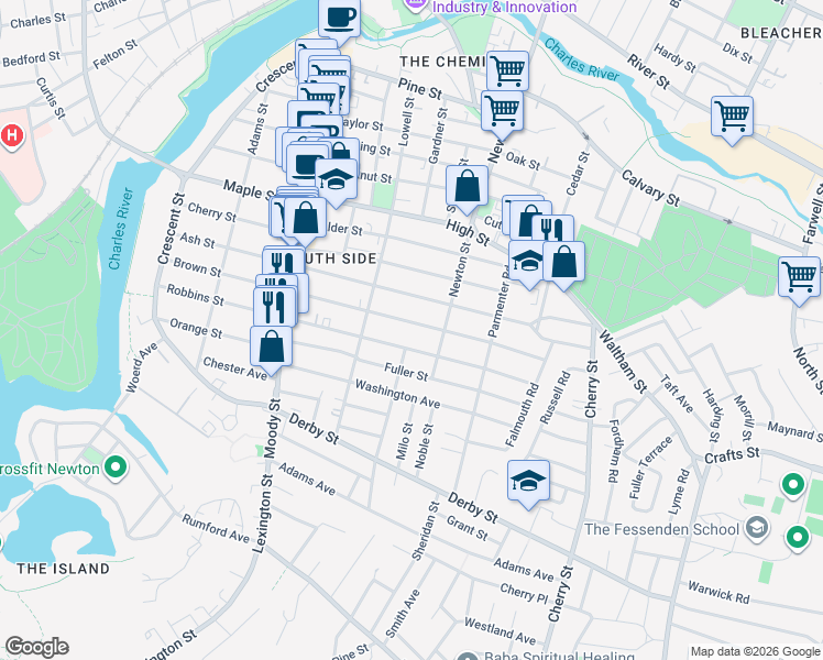 map of restaurants, bars, coffee shops, grocery stores, and more near 206 Brown Street in Waltham