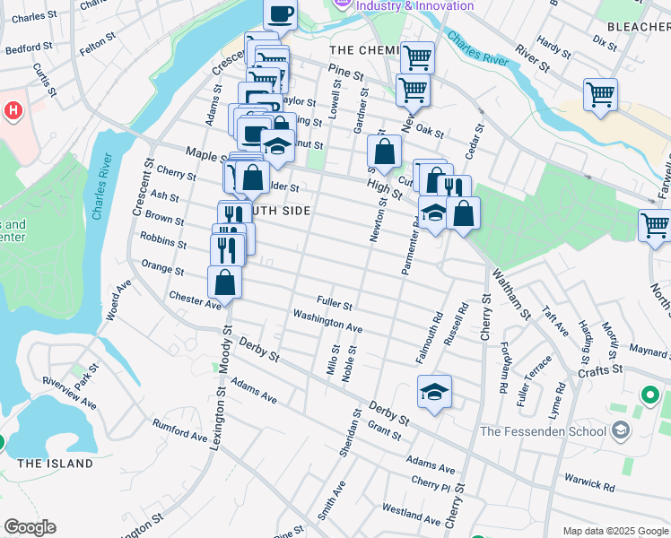 map of restaurants, bars, coffee shops, grocery stores, and more near 206 Brown Street in Waltham