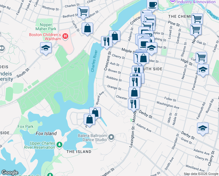 map of restaurants, bars, coffee shops, grocery stores, and more near 22 Orange Street in Waltham