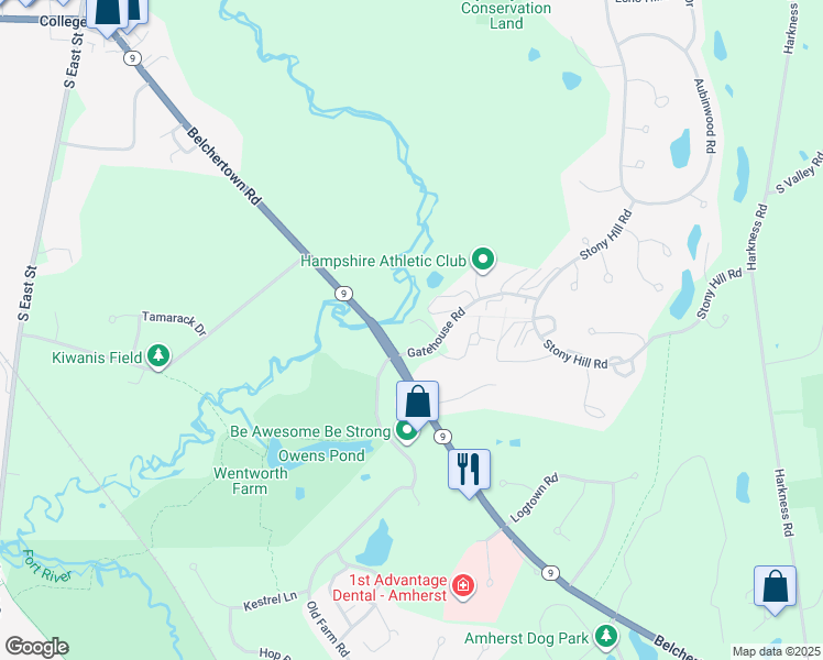 map of restaurants, bars, coffee shops, grocery stores, and more near 386-420 Belchertown Road in Amherst