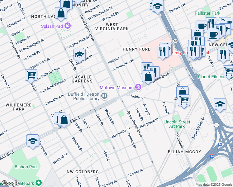 map of restaurants, bars, coffee shops, grocery stores, and more near 7350 Rosa Parks Boulevard in Detroit