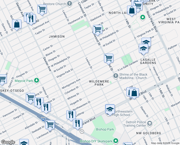 map of restaurants, bars, coffee shops, grocery stores, and more near 2747 Vicksburg Street in Detroit