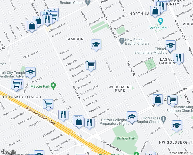map of restaurants, bars, coffee shops, grocery stores, and more near 3023 Virginia Park Street in Detroit