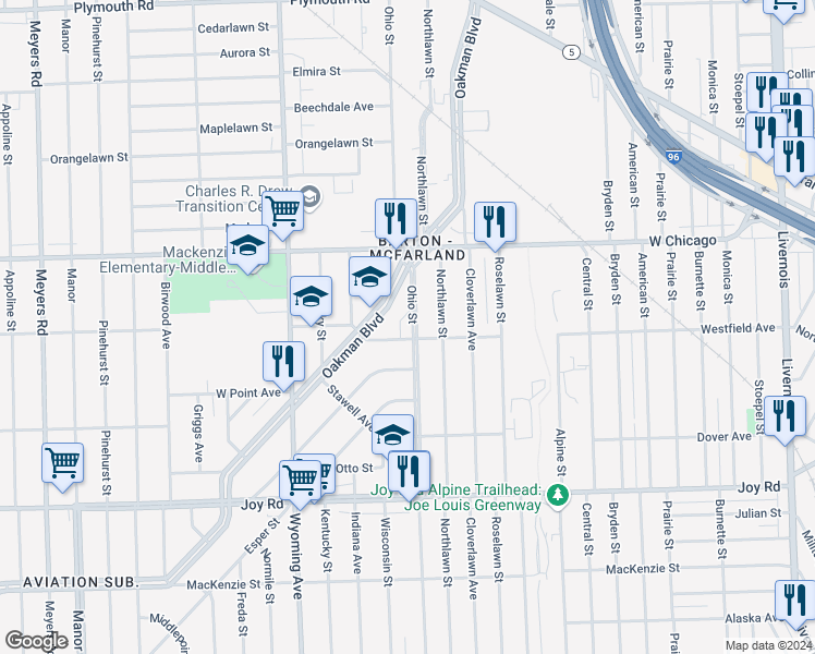 map of restaurants, bars, coffee shops, grocery stores, and more near 4801 Oakman Boulevard in Detroit