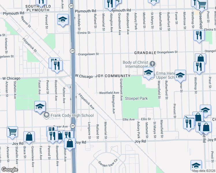 map of restaurants, bars, coffee shops, grocery stores, and more near 9391 Abington Avenue in Detroit