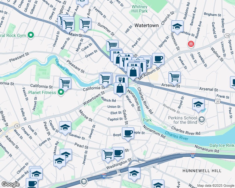 map of restaurants, bars, coffee shops, grocery stores, and more near 15 Watertown Street in Watertown