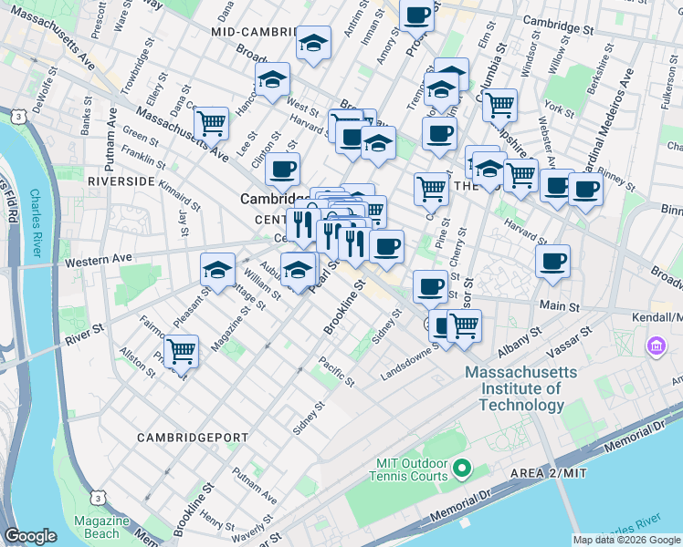 map of restaurants, bars, coffee shops, grocery stores, and more near in Cambridge