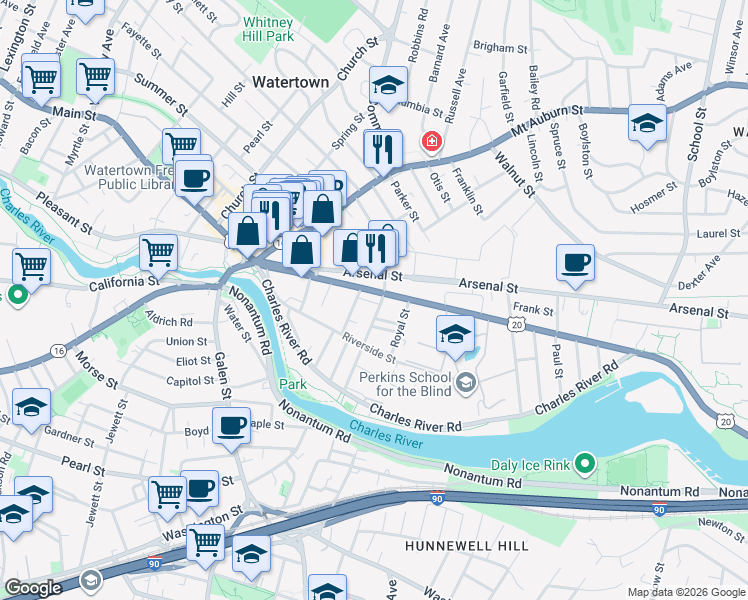 map of restaurants, bars, coffee shops, grocery stores, and more near 60 North Beacon Street in Watertown