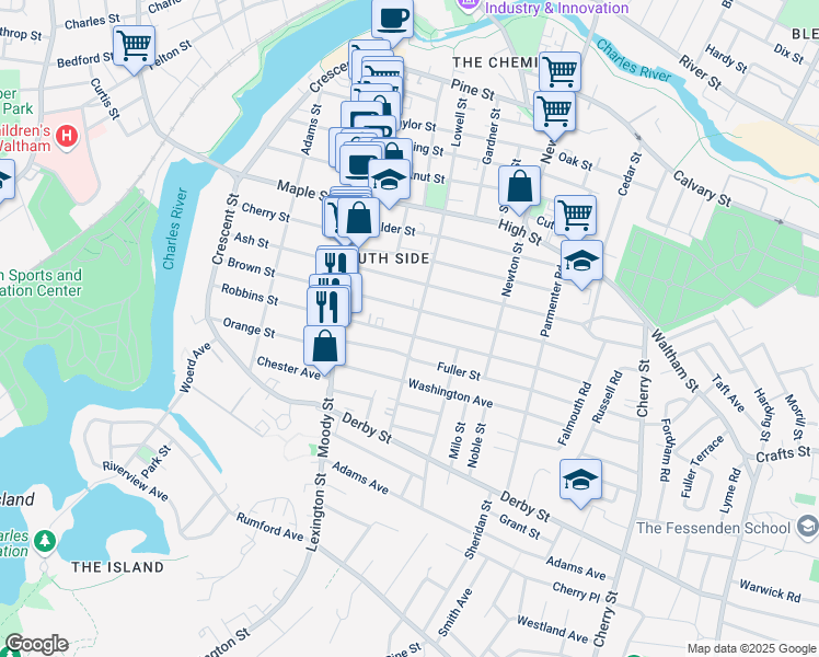 map of restaurants, bars, coffee shops, grocery stores, and more near 147-149 Brown Street in Waltham