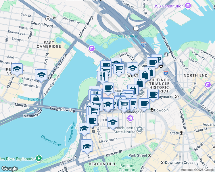map of restaurants, bars, coffee shops, grocery stores, and more near Blossom St & Emerson Pl in Boston