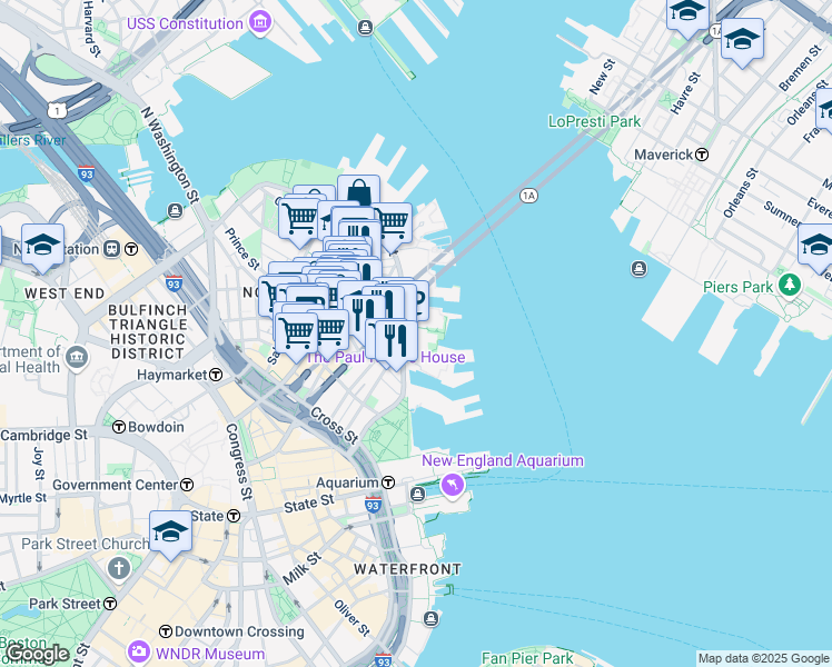 map of restaurants, bars, coffee shops, grocery stores, and more near 32 Atlantic Avenue in Boston