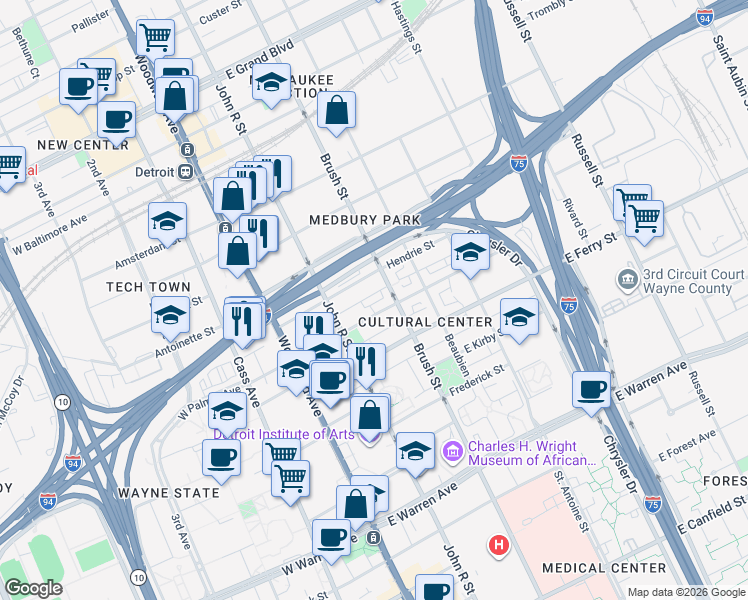 map of restaurants, bars, coffee shops, grocery stores, and more near 269 East Palmer Street in Detroit