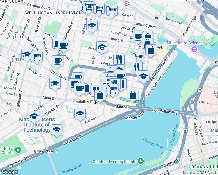 map of restaurants, bars, coffee shops, grocery stores, and more near 303 3rd St in Mid-Cambridge