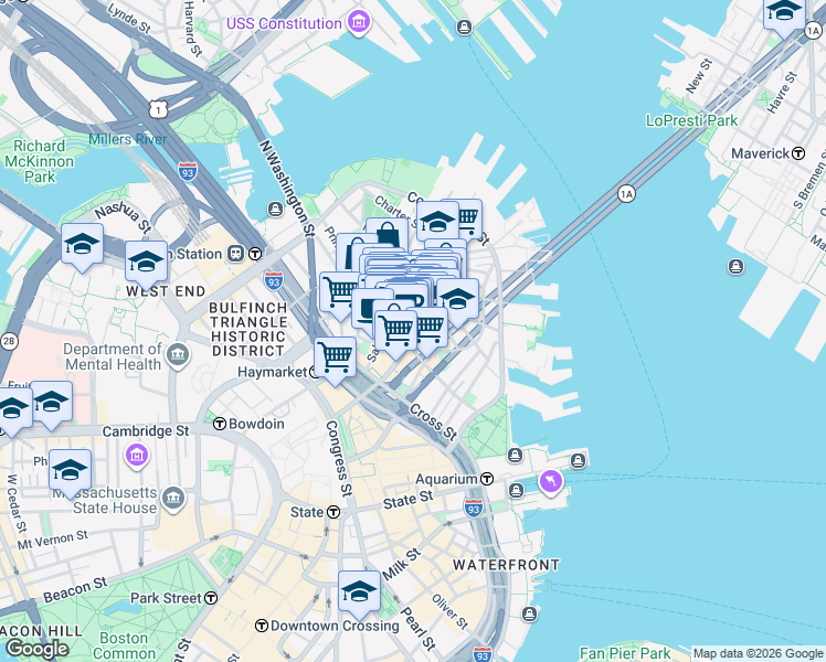 map of restaurants, bars, coffee shops, grocery stores, and more near in Boston