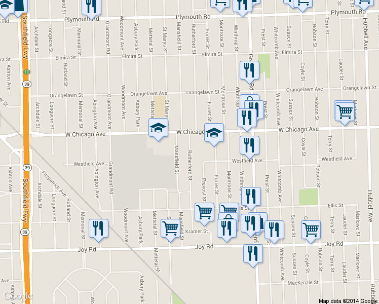 map of restaurants, bars, coffee shops, grocery stores, and more near 9345 Rutherford Street in Detroit