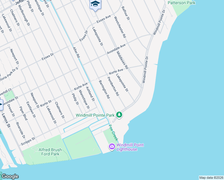 map of restaurants, bars, coffee shops, grocery stores, and more near 560 Barrington Road in Grosse Pointe Park