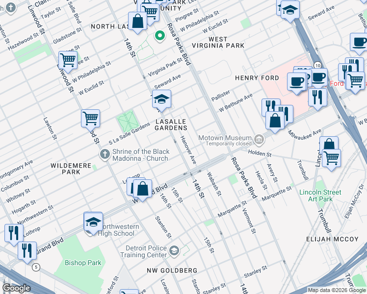 map of restaurants, bars, coffee shops, grocery stores, and more near 7470 14th Street in Detroit
