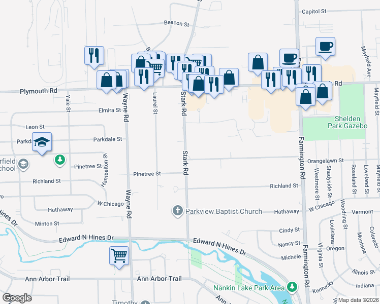 map of restaurants, bars, coffee shops, grocery stores, and more near 10529 Stark Road in Livonia