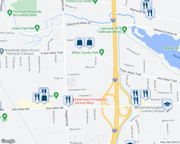 map of restaurants, bars, coffee shops, grocery stores, and more near 40548 Firwood Drive in Plymouth