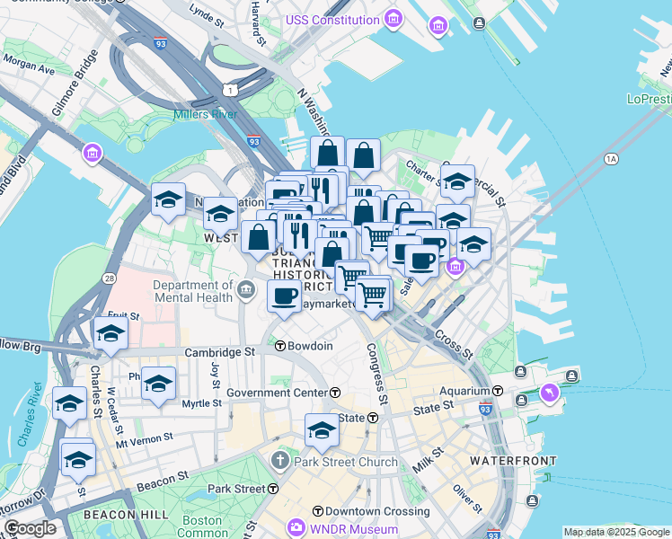 map of restaurants, bars, coffee shops, grocery stores, and more near in Boston