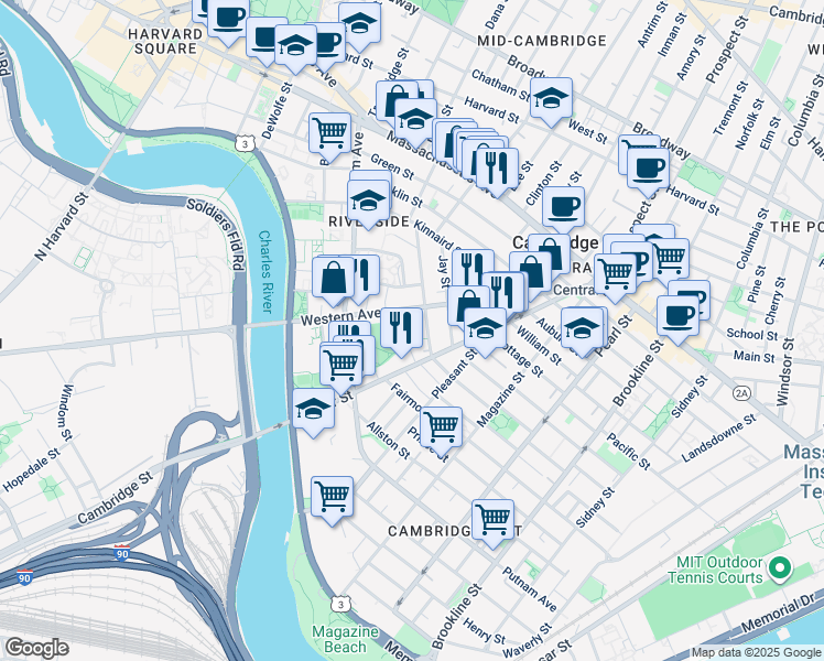 map of restaurants, bars, coffee shops, grocery stores, and more near 12 Gilmore Street in Cambridge