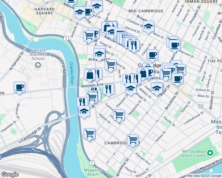 map of restaurants, bars, coffee shops, grocery stores, and more near 12 Gilmore Street in Cambridge