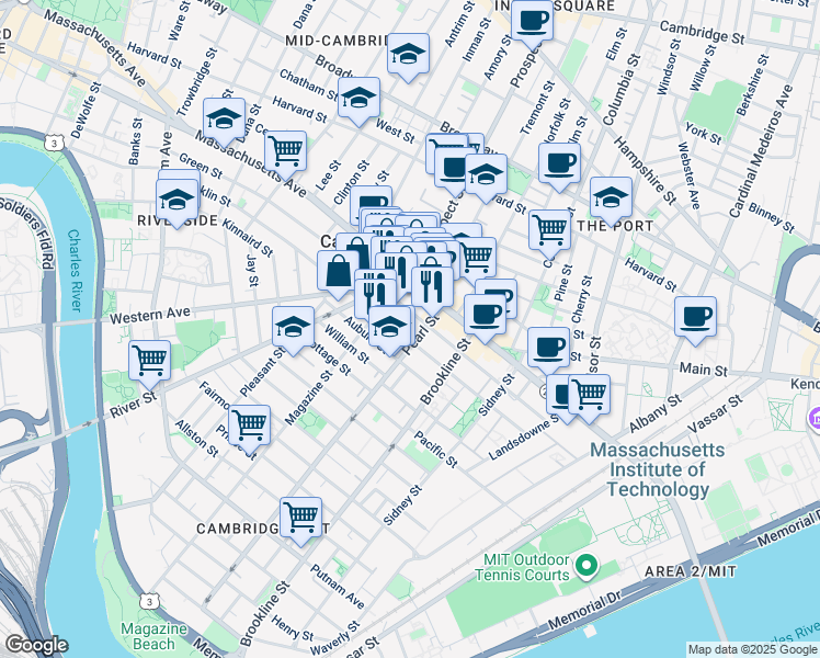 map of restaurants, bars, coffee shops, grocery stores, and more near 45 Pearl Street in Cambridge