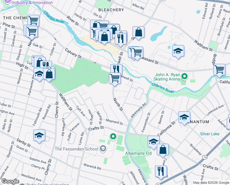 map of restaurants, bars, coffee shops, grocery stores, and more near 149 North Street in Newton