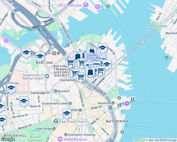 map of restaurants, bars, coffee shops, grocery stores, and more near 21 Cooper Street in Boston