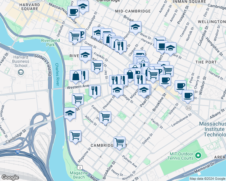 map of restaurants, bars, coffee shops, grocery stores, and more near 13 Kinnaird Street in Cambridge