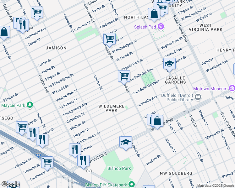 map of restaurants, bars, coffee shops, grocery stores, and more near 2681 Montgomery Avenue in Detroit