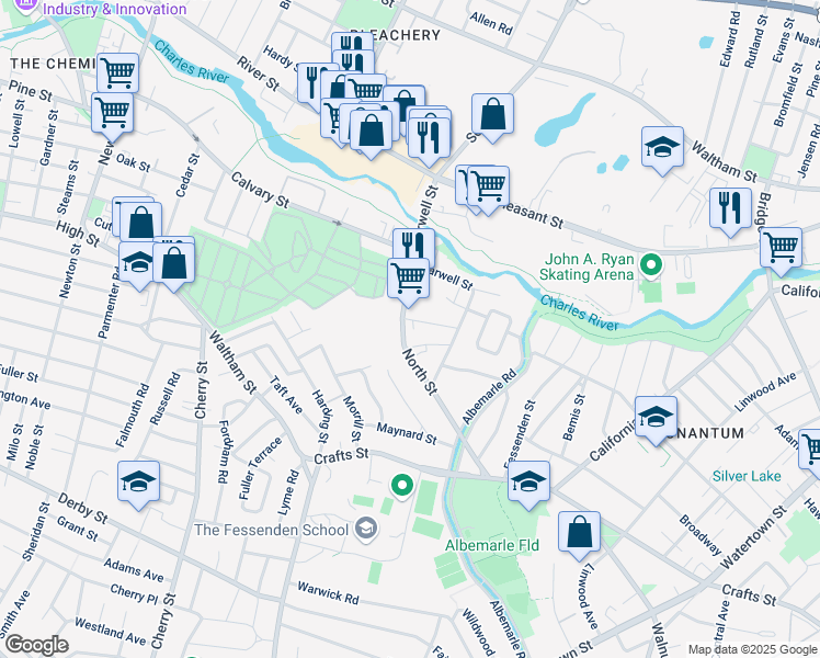 map of restaurants, bars, coffee shops, grocery stores, and more near 149 North Street in Newton