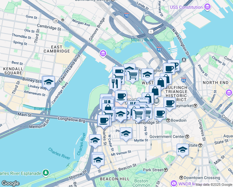 map of restaurants, bars, coffee shops, grocery stores, and more near 90 Blossom Street in Boston