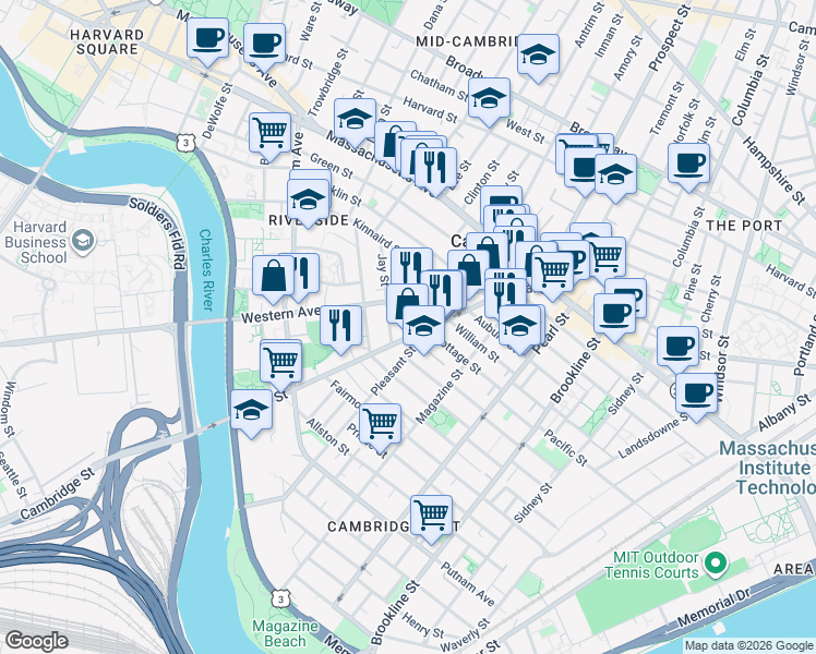 map of restaurants, bars, coffee shops, grocery stores, and more near 13 Kinnaird Street in Cambridge