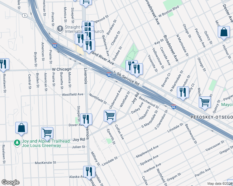 map of restaurants, bars, coffee shops, grocery stores, and more near 5022 Underwood Avenue in Detroit