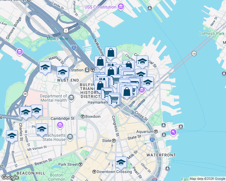 map of restaurants, bars, coffee shops, grocery stores, and more near 49 North Washington Street in Boston