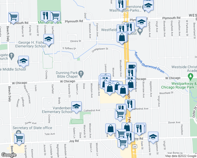 map of restaurants, bars, coffee shops, grocery stores, and more near 24502 West Chicago in Redford Charter Township
