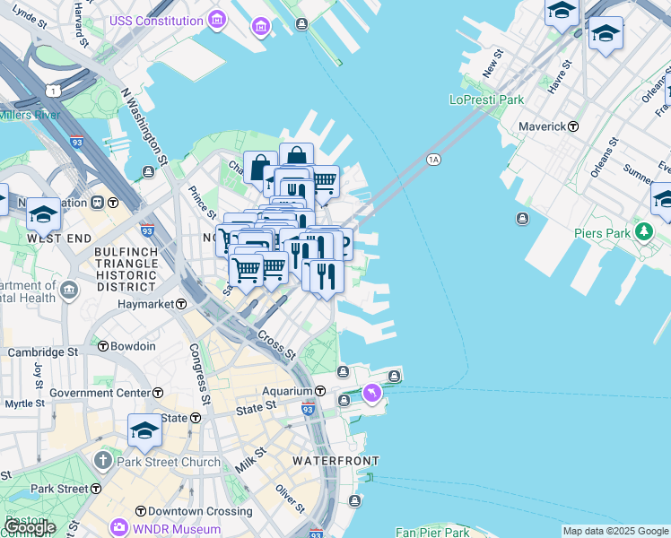 map of restaurants, bars, coffee shops, grocery stores, and more near in Boston