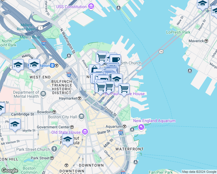 map of restaurants, bars, coffee shops, grocery stores, and more near 15-17 North Square in Boston