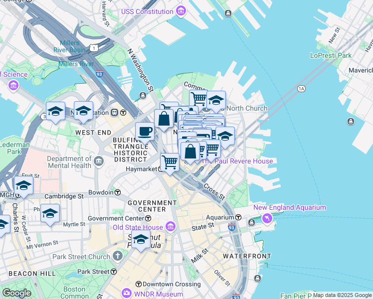 map of restaurants, bars, coffee shops, grocery stores, and more near 21 Cooper Street in Boston