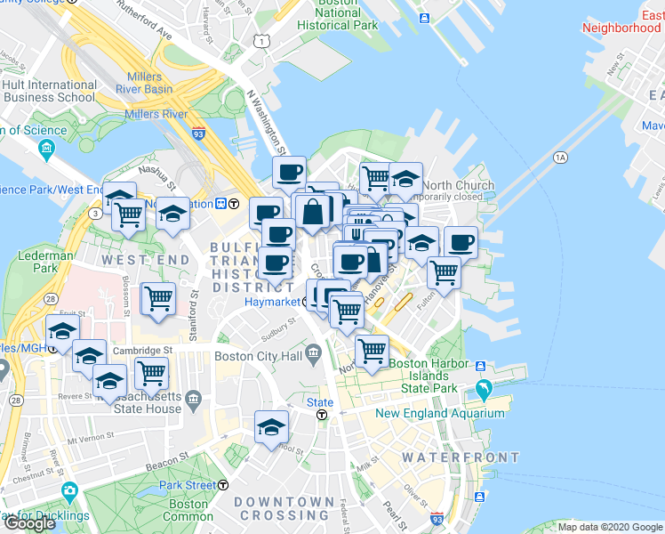map of restaurants, bars, coffee shops, grocery stores, and more near 21 Cooper Street in Boston
