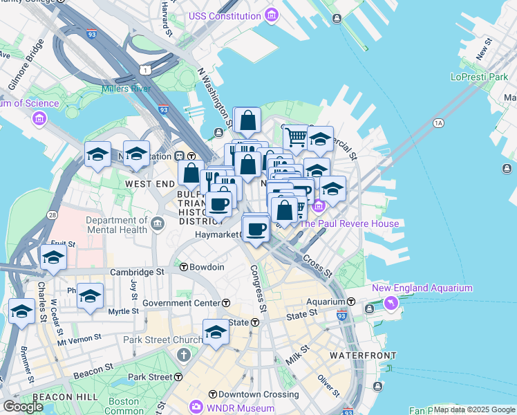 map of restaurants, bars, coffee shops, grocery stores, and more near 49 North Washington Street in Boston