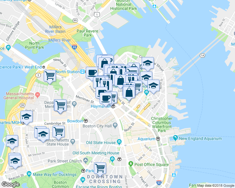 map of restaurants, bars, coffee shops, grocery stores, and more near 45 North Washington Street in Boston
