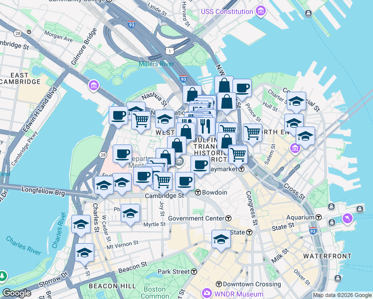 map of restaurants, bars, coffee shops, grocery stores, and more near 40 Lancaster Street in Boston