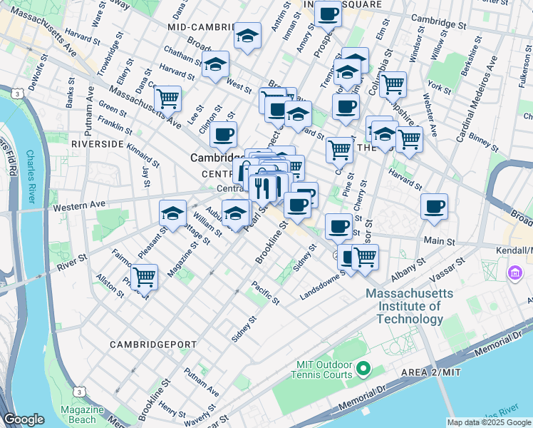 map of restaurants, bars, coffee shops, grocery stores, and more near in Cambridge