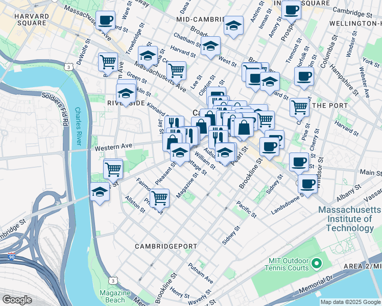 map of restaurants, bars, coffee shops, grocery stores, and more near 75 River Street in Cambridge