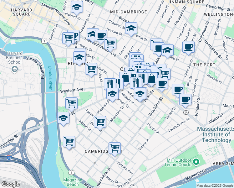 map of restaurants, bars, coffee shops, grocery stores, and more near 75 River Street in Cambridge