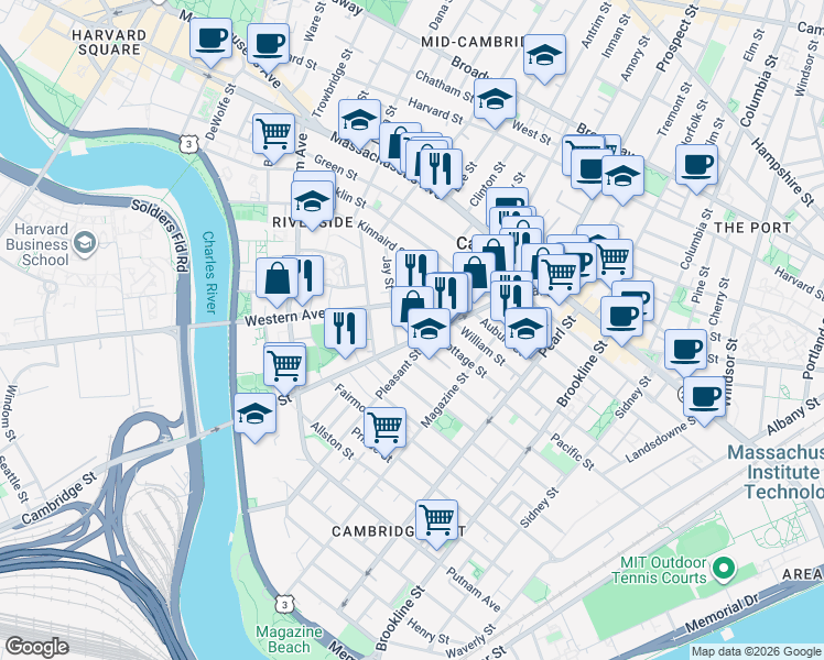map of restaurants, bars, coffee shops, grocery stores, and more near 13 Kinnaird Street in Cambridge